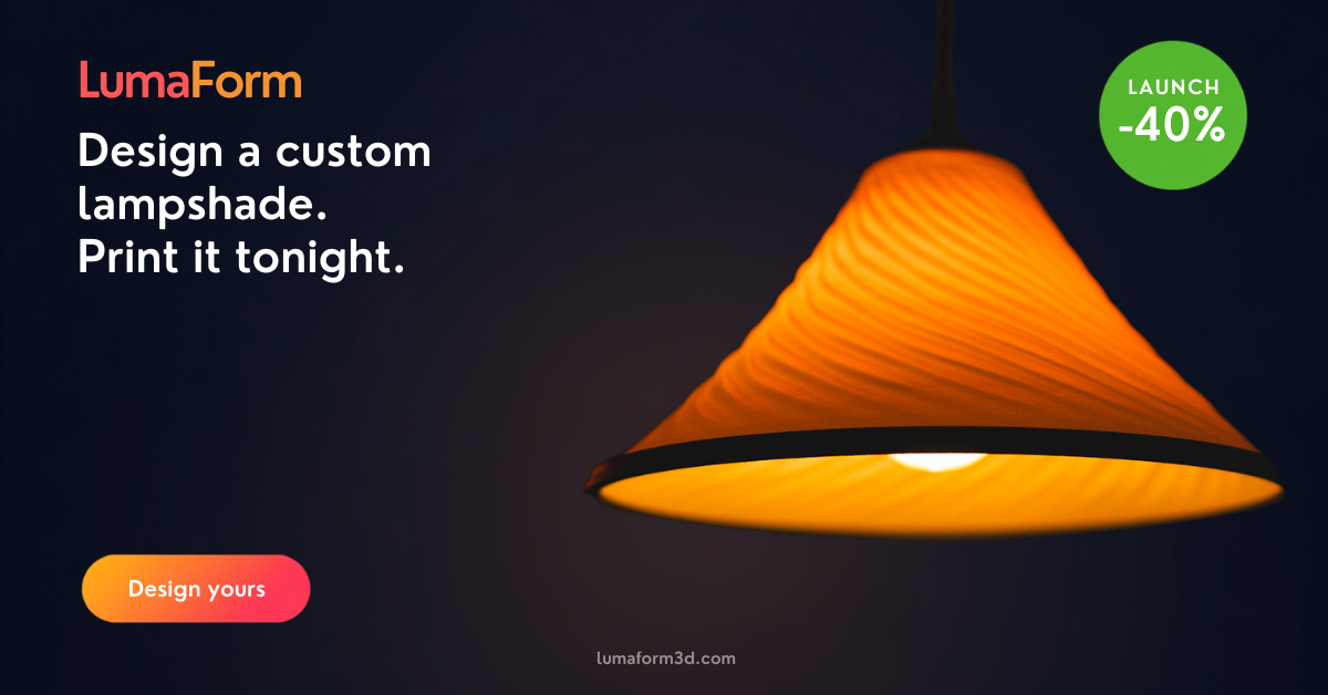 A custom 3D-printed LumaForm lampshade with a warm glow
